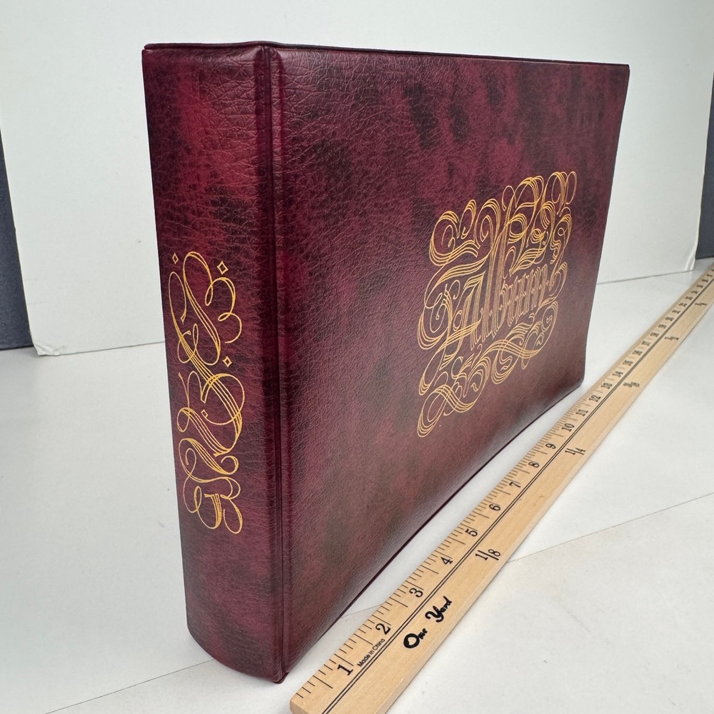 Vtg Rectangle Maroon Photo Album Gold Lettering Filigree Plastic Inserts READ - Picture 3 of 15